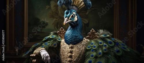 Rendering 3d portrait of a peacock in luxury renaissance clothing. AI generated image