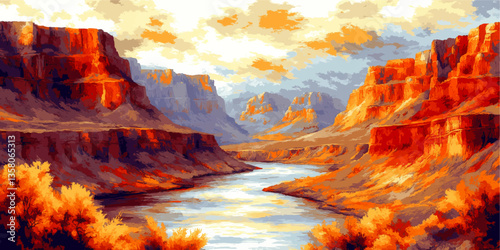Vibrant Vector Art of Grand Canyon Masterpiece with Majestic Cliffs, Serene River, and Striking Autumn Hues Under Dramatic Skies - Nature's Splendor Captured
