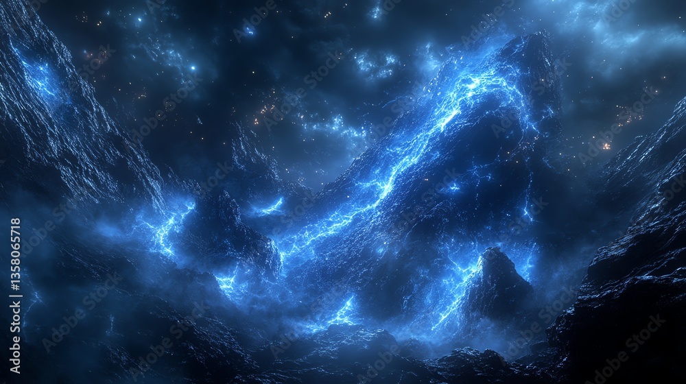 Fototapeta premium Electric Blue Mountains Fantasy Landscape with Night Sky and Stars