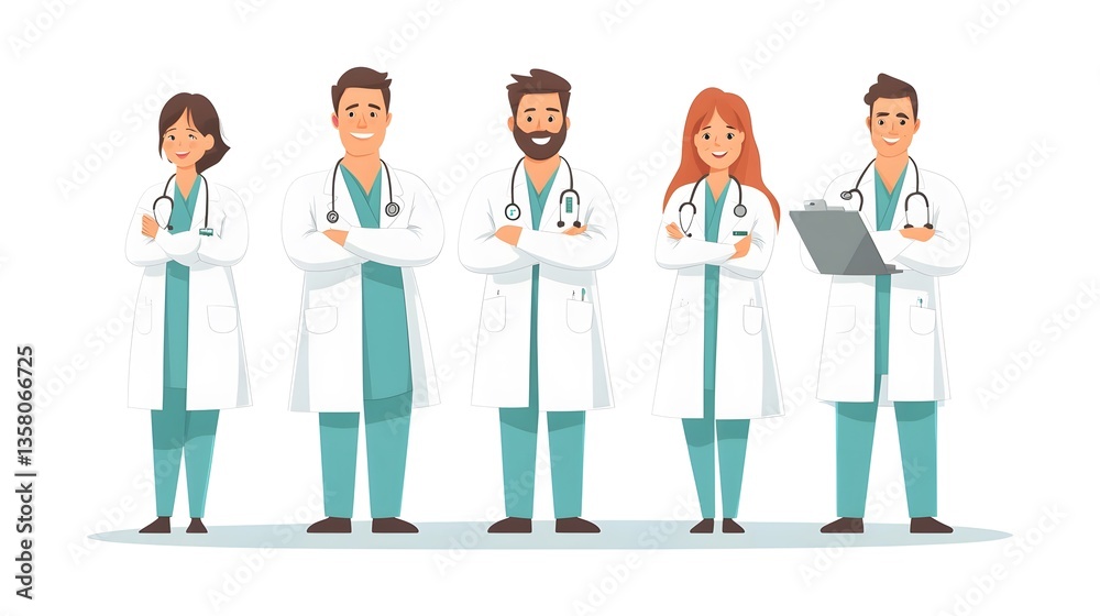 Professional team of doctors and medical workers in gowns working together in a hospital setting