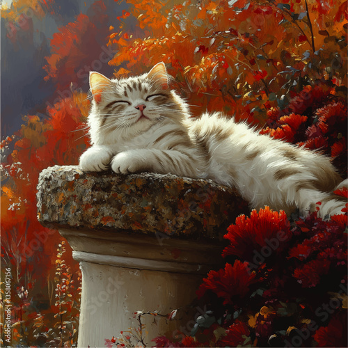Relaxed Cat on Pedestal Amidst Vibrant Autumn Foliage and Red Flowers in Serene Nature Setting - Ideal Fall Art Scene for Animal and Nature Lovers