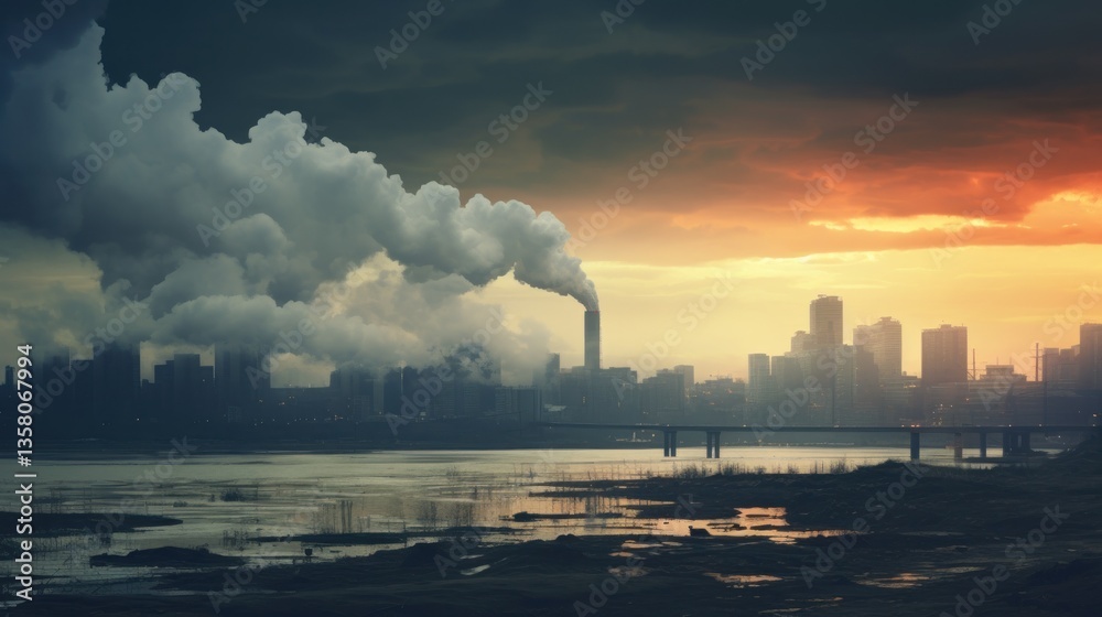 Obraz premium Dangers of air pollution in a big city with sources of pollution from factory chimneys. AI generated