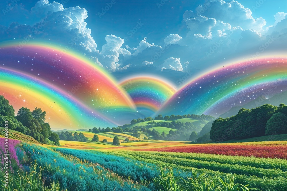 Obraz premium Captivating Rainbow Scenery with Lush Green Fields and Clear Blue Sky
