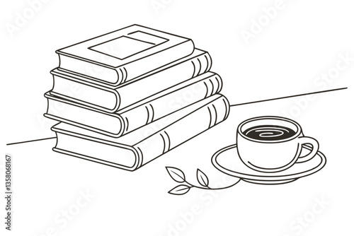 Simple Line Art of Books and Coffee for a Calm Reading Moment