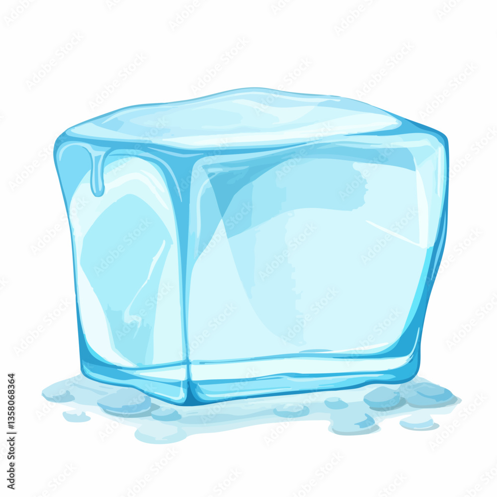 Melting Ice Cube with Water Droplets, Vector Image