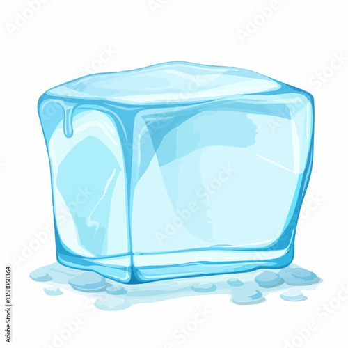 Melting Ice Cube with Water Droplets, Vector Image