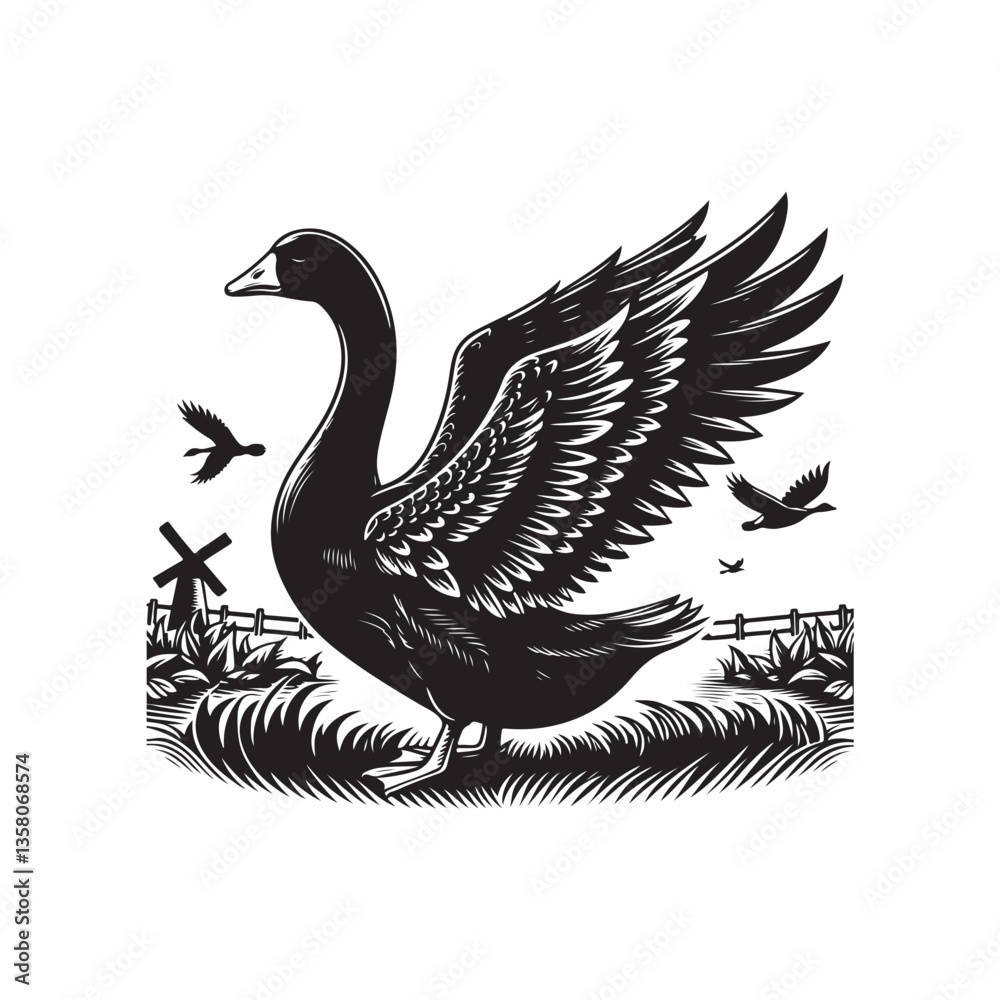 Obraz premium Black Color Goose Silhouette Vector Illustration, Solid White Background