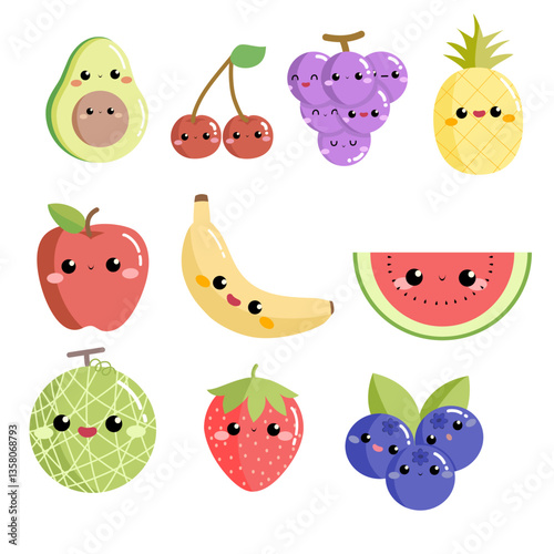 Hand drawn set of fruits with faces vector elements avocado cherry grapes pineapple watermelon melon strawberry blueberry banana