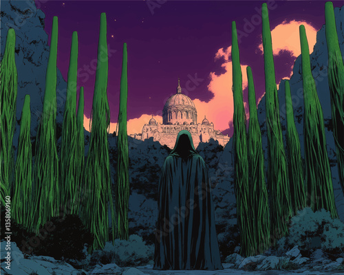 Mysterious Figure in Hooded Cloak Approaches Majestic Palace at Sunset in Surreal Vector Art with Towering Green Spires Under Starry Sky