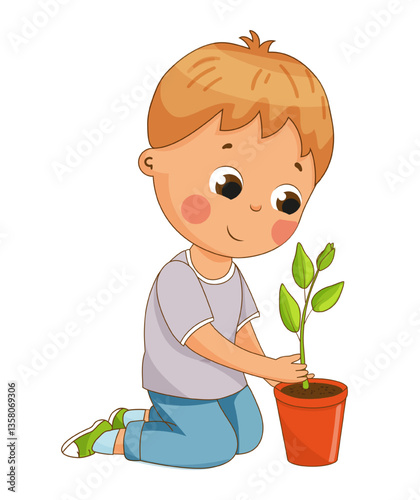Charming vector illustration of a boy planting a small seedling in a pot. The scene highlights a moment of growth and care for nature.