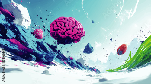 Surreal Vector Art of Floating Pink Brain in Abstract Landscape with Vibrant Colors, Abstract Shapes, and Dynamic Elements on Blue Background