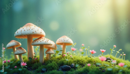 Obraz na płótnie Mushroom fantasy world with vibrant flora in a magical forest w salonie