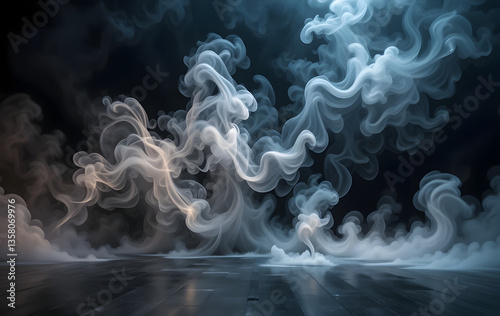 Mystical mist. Swirling smoke in dark and light symphony. Fluid fantasia. Abstract dance of fog and light on floor with black background. Wide angle horizontal wallpaper or web banner. 