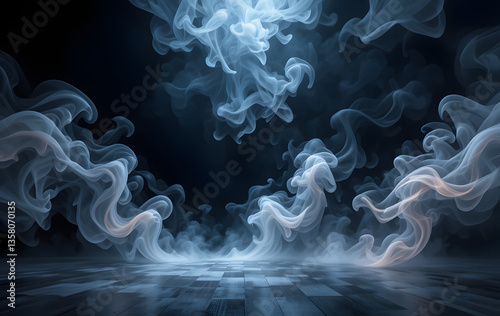 Mystical mist. Swirling smoke in dark and light symphony. Fluid fantasia. Abstract dance of fog and light on floor with black background. Wide angle horizontal wallpaper or web banner. 