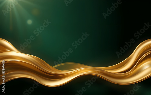 Dark golden liquid flowing waves abstract background. Bronze smooth wavy banner design. Abstract curved gold shape on green background with lighting effect and copy space for text. Luxury design style