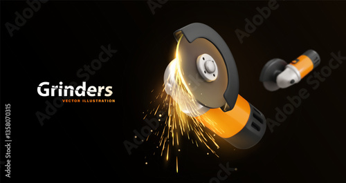  Electric angle grinder cutting metal, sparks light effect. Powerful industrial tool for construction, metalworking, repairs. Professional Power tools cutting, grinding, polishing. Vector illustration