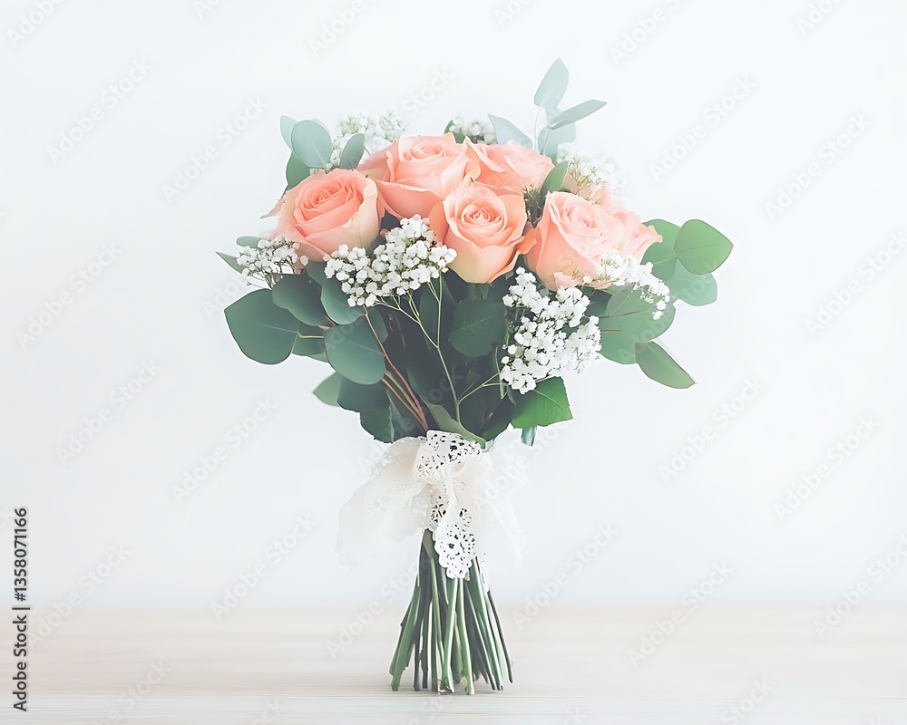 Fototapeta premium Peach Rose Bridal Bouquet for Wooden Table.