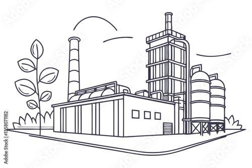 Professional Industrial Plant Vector Drawing. Line Art Design