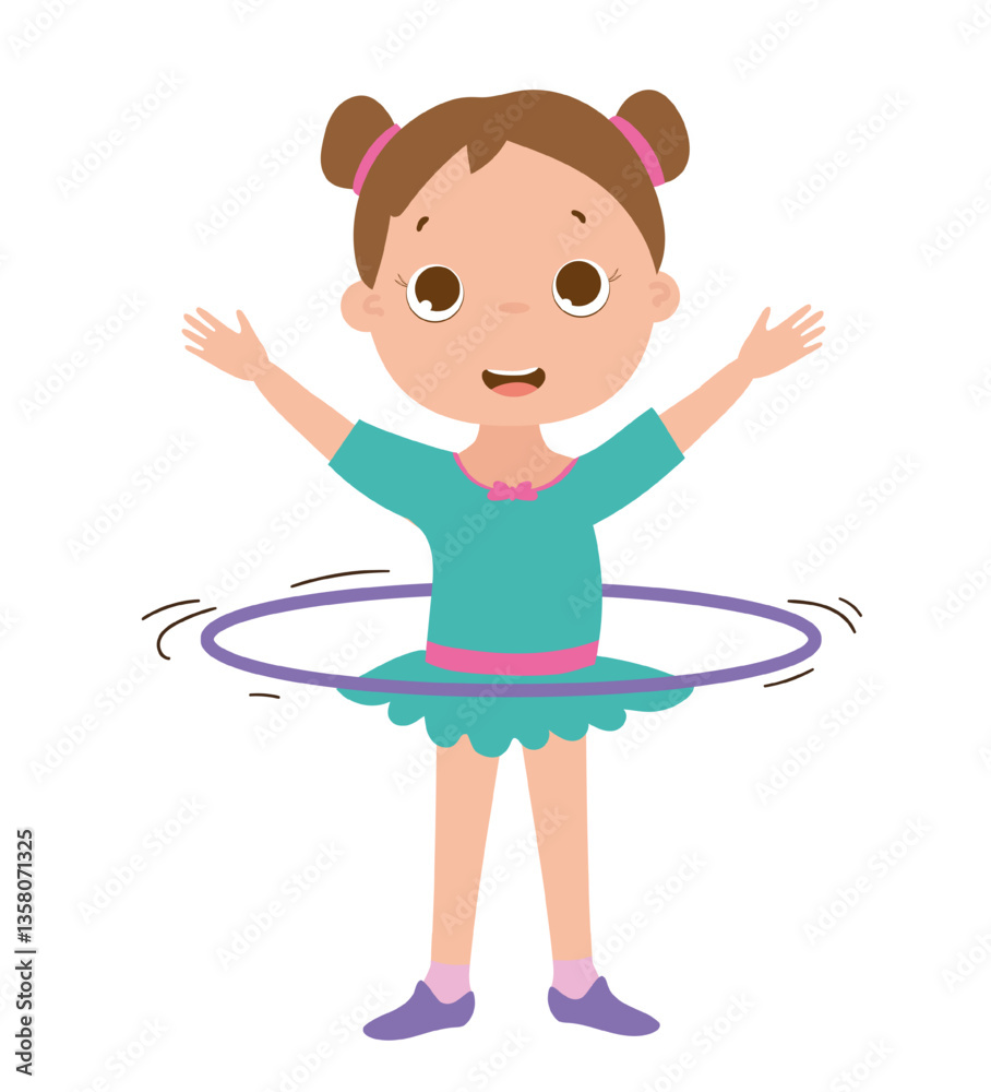 Charming vector illustration of a girl playing with a hula hoop, expressing joy and activity. The scene captures a moment of playful exercise and childhood fun. Charming vector illustration of a girl playing with a hula hoop, expressing joy and activity. The scene captures a moment of playful exercise and childhood fun.