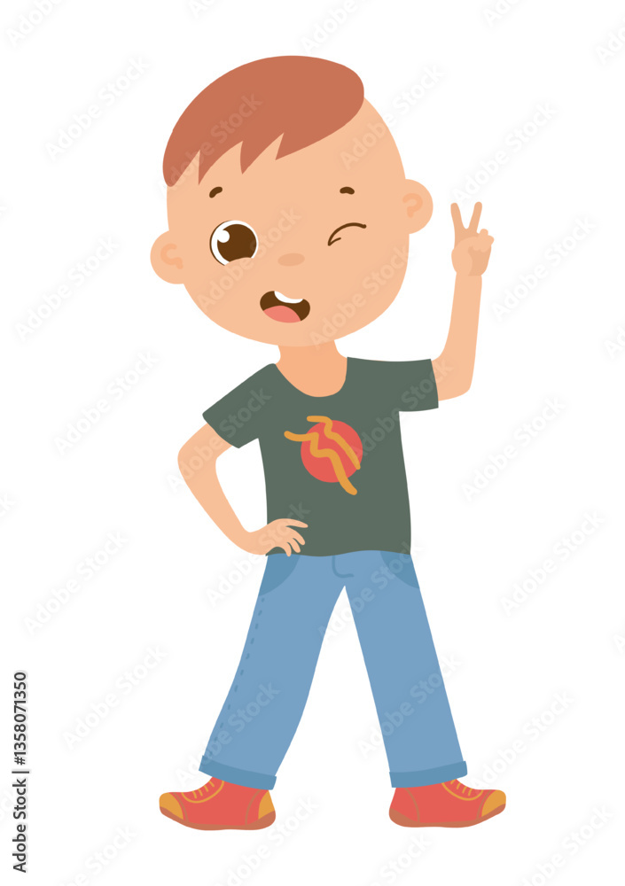 Intriguing vector illustration of a boy making a peace sign with his fingers, expressing positivity. The scene captures a moment of youthful expression and gesture. Intriguing vector illustration of a boy making a peace sign with his fingers, expressing positivity. The scene captures a moment of youthful expression and gesture.