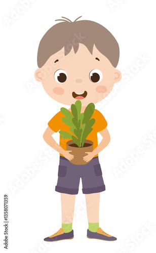 Charming vector illustration of a boy holding a potted plant, expressing care for nature. The scene captures a moment of gardening and growth.