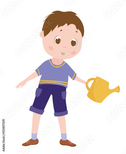 Charming vector illustration of a boy watering plants with a yellow watering can. The scene captures a moment of gardening and care for nature.