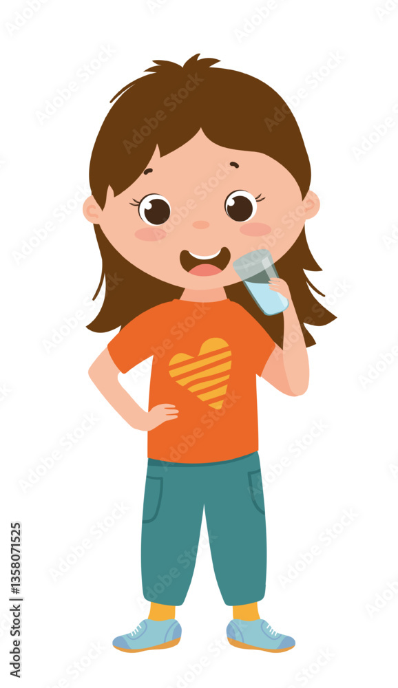 Charming vector illustration of a girl drinking from a clear glass, enjoying a refreshing drink. The scene captures a moment of childhood refreshment. Charming vector illustration of a girl drinking from a clear glass, enjoying a refreshing drink. The scene captures a moment of childhood refreshment.