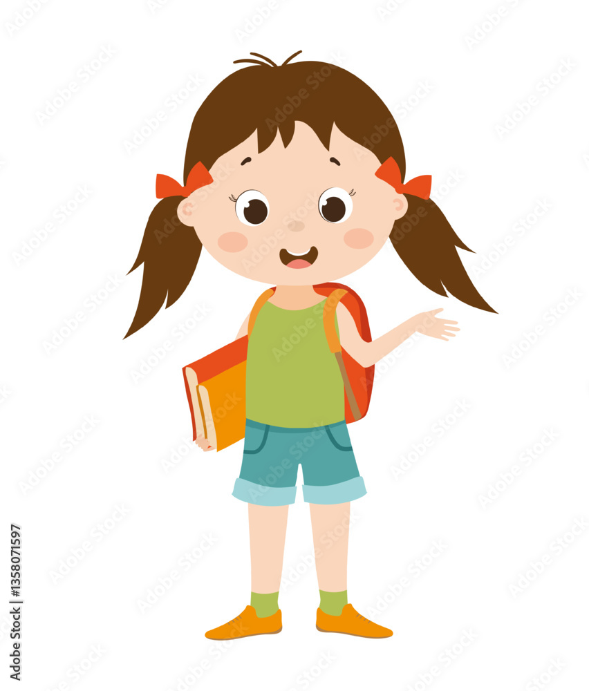 Charming vector illustration of a girl holding books and wearing a backpack, ready for school. The scene highlights education and learning. Charming vector illustration of a girl holding books and wearing a backpack, ready for school. The scene highlights education and learning.