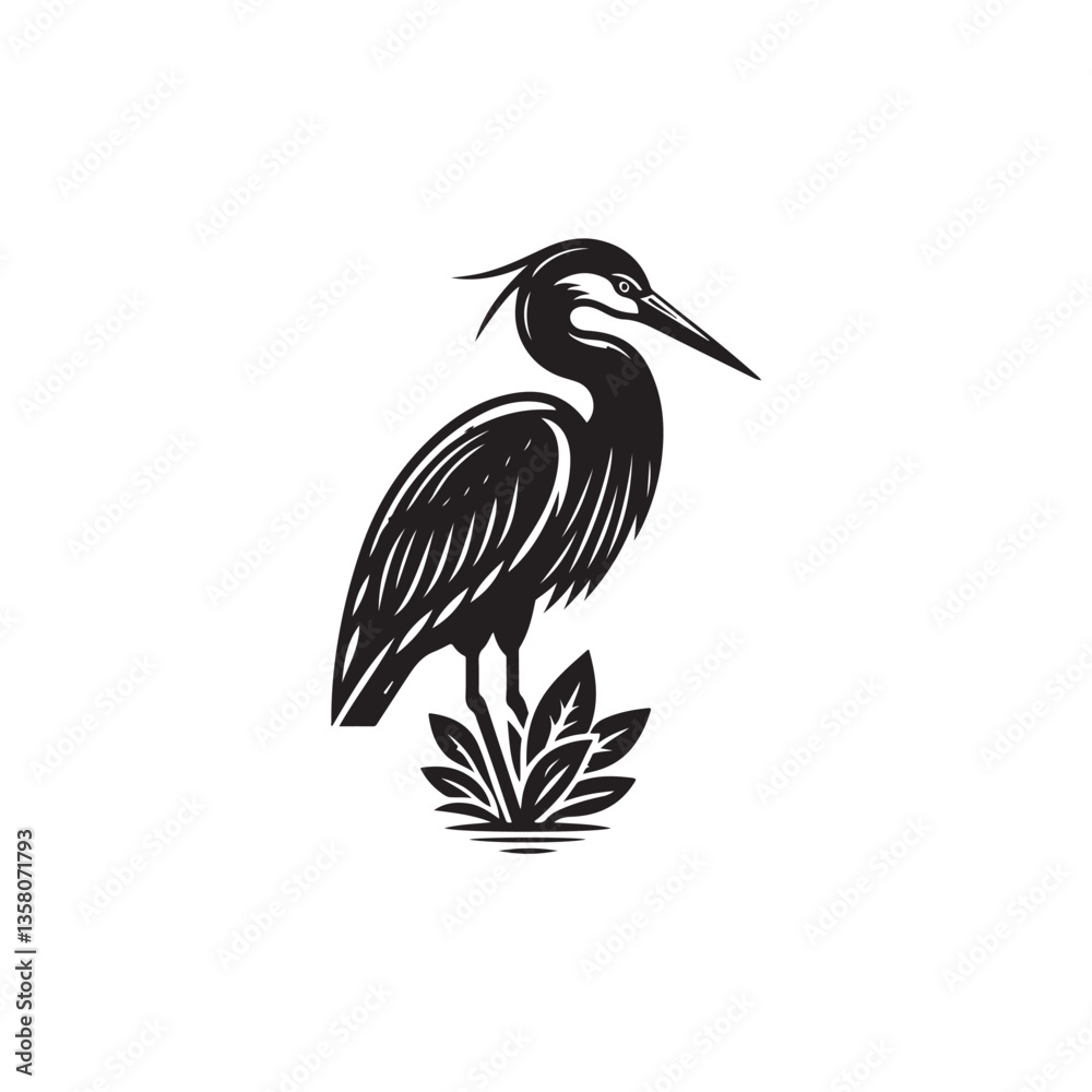 Fototapeta premium Black Color Heron Silhouette Vector Illustration, Solid White Background