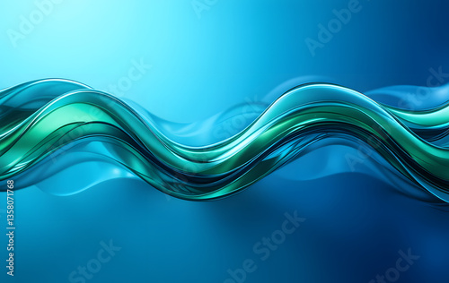 Abstract blue and green color curved wave shape glass background. Transparent modern texture. Abstract futuristic background with glass shapes in green and blue colors. Modern design technologies
