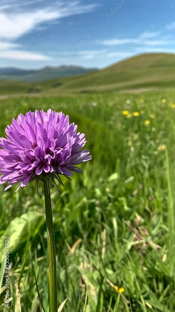 Purple flower blooms in a lush green meadow under clear blue skies in springtime Purple flower blooms in a lush green meadow under clear blue skies in springtime