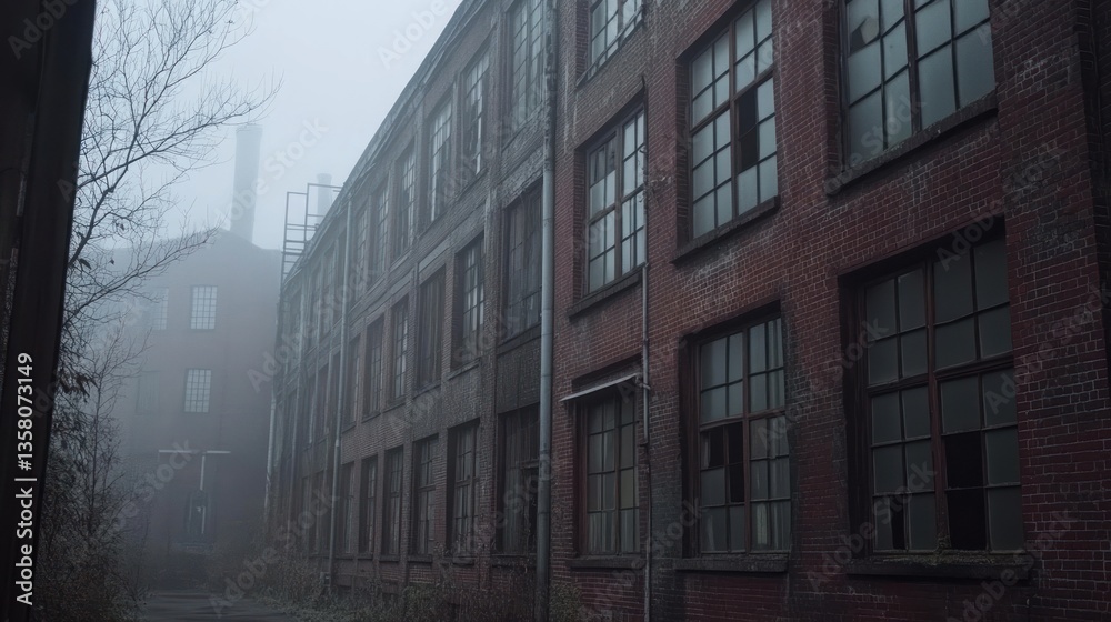 Fototapeta premium Foggy Day Abandoned Brick Factory Building Exterior