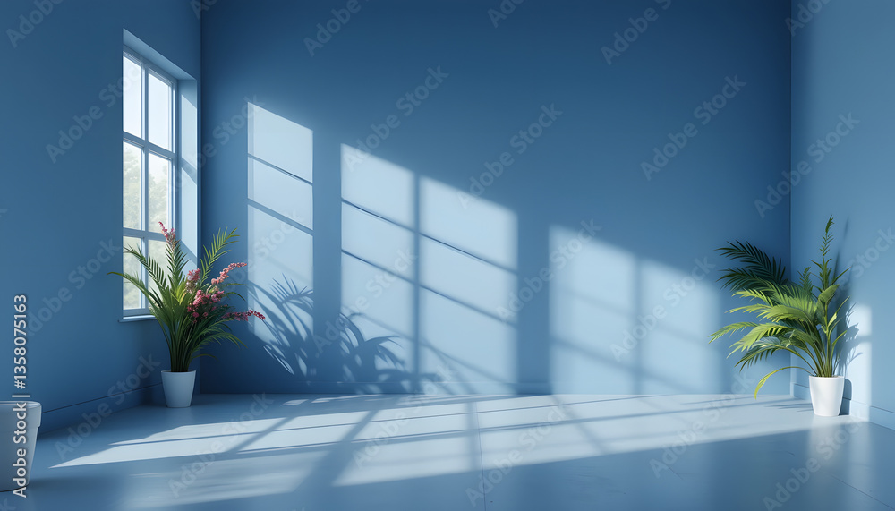 Fototapeta premium Abstract gradient blue studio background for product presentation. Empty room with shadows of window and flowers and palm leaves . 3d room with copy space. Summer concert. Blurred backdrop.