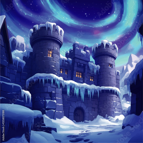 Enchanting Winter Castle with Northern Lights in Snowy Landscape | Majestic Fortified Fortress with Icicles and Snow under Aurora Borealis in Fantasy Vector Art