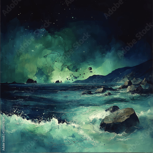 Majestic Ocean Vector Art: Starry Night Sky, Rocky Waves, and Cliff Landscape with Dreamy Aurora Borealis in Vibrant Blues and Greens - Premium Illustration