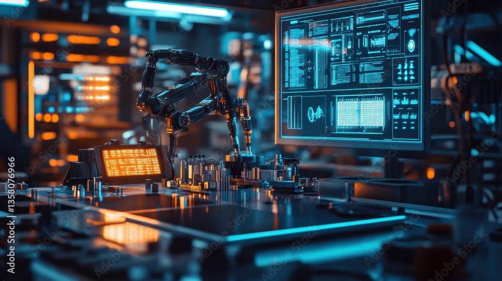 Advanced robotic arm operates in a high-tech laboratory during evening hours with screens displaying data and scientific instruments Advanced robotic arm operates in a high-tech laboratory during evening hours with screens displaying data and scientific instruments