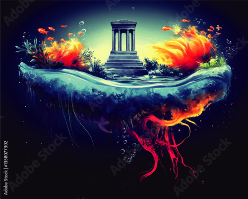 Captivating Fantasy Island Vector Art with Ancient Temple, Vibrant Coral, and Enigmatic Fish in Mystical Ocean Setting for Unique Visual Experience
