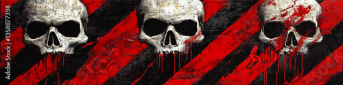 Dramatic Grunge Skull Vector Art with Bold Red and Black Stripes - Perfect for Punk, Goth, and Halloween Themes - High-Quality Digital Illustration