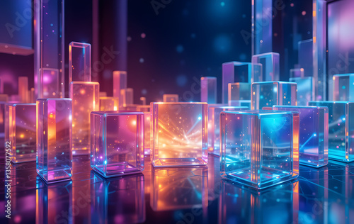 Abstract 3d background wallpaper with glass squares with colorful light emitter iridescent neon holographic gradient. Design visual elements for banners, poster