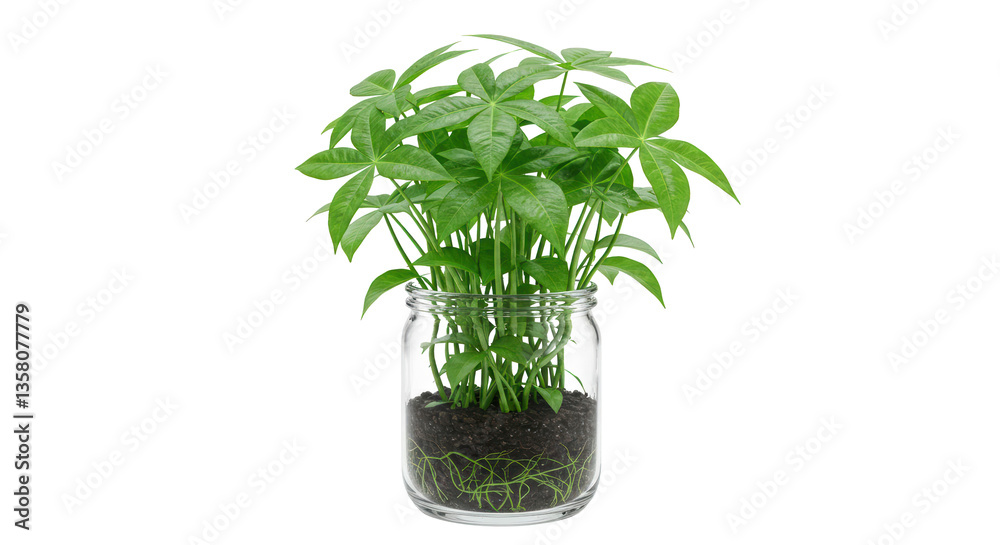 Obraz premium Lush green houseplant features vibrant leaves growing in a clear glass jar filled with soil. Isolated on transparent background. PNG