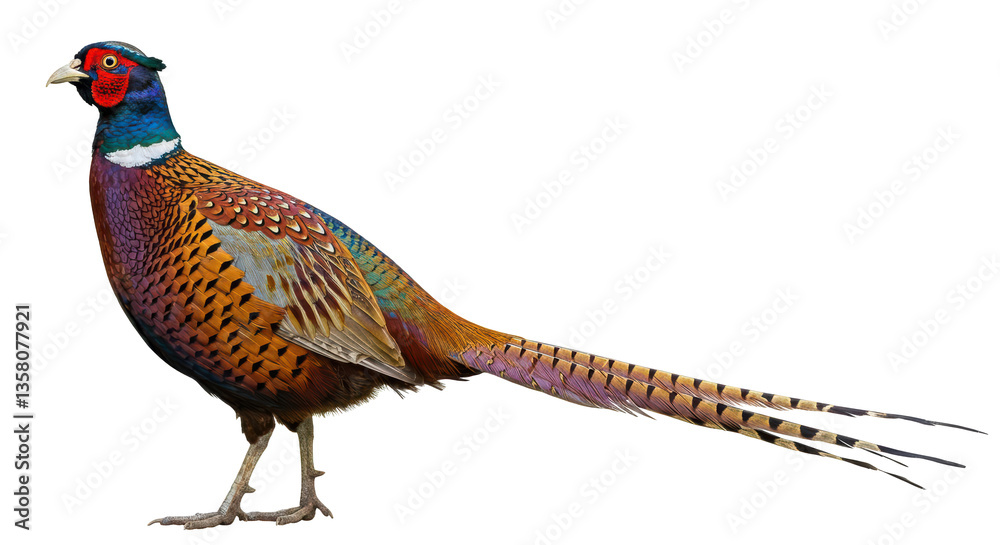 Fototapeta premium A splendid pheasant with bright, colorful feathers stands isolated on a transparent background. Isolated on transparent background. PNG