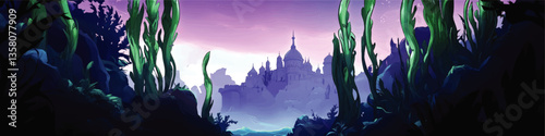 Majestic Underwater Landscape with Ancient Castle Silhouette amid Lush Seaweed against Dramatic Sunset Sky in Vector Art – Oceanic Fantasy Scene