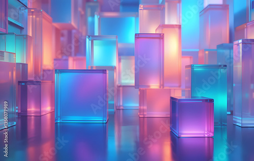 Abstract 3d background wallpaper with glass squares with colorful light emitter iridescent neon holographic gradient. Design visual elements for banners, poster