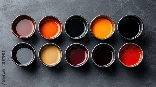 Various sauces in bowls on dark surface, colorful culinary ingredients