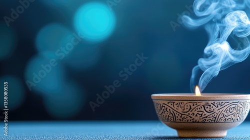 Lit candle in ornate holder emitting smoke, against blue bokeh background