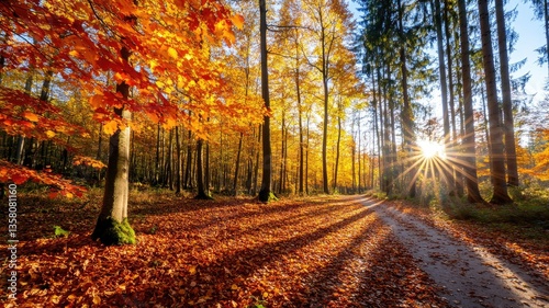Sun rays peeking through vibrant autumn forest trees