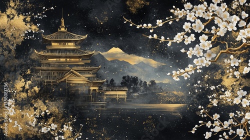 Japanese card with a stylized design of an ancient temple, intricate golden patterns, and a subtle cherry blossom motif on a dark textured background.