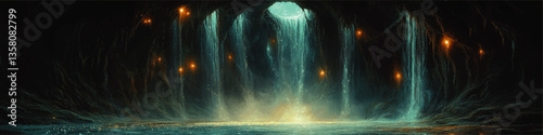 Magical Underground Waterfall Cavern with Glowing Lights and Mystical Atmosphere – Enchanting Natural Scene in a Hidden Cave with Waterfalls and Illumination