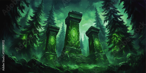 Mysterious Enchanted Forest with Ancient Glowing Stone Pillars and Misty Pines - Magical Vector Art for Fantasy Realms and Mystical Narratives