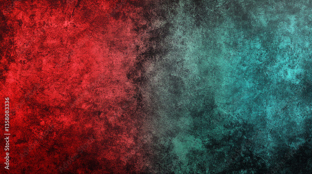 Fototapeta premium black and red blurred background with rough grunge grain texture, accented by a dark green glowing gradient and noise effect. Minimalistic bright light tone with empty caption space for modern design